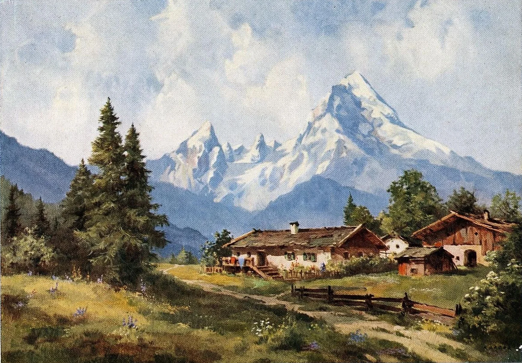 A painted alpine village beneath a bright, snow-covered mountain, surrounded by green meadow and evergreen trees.